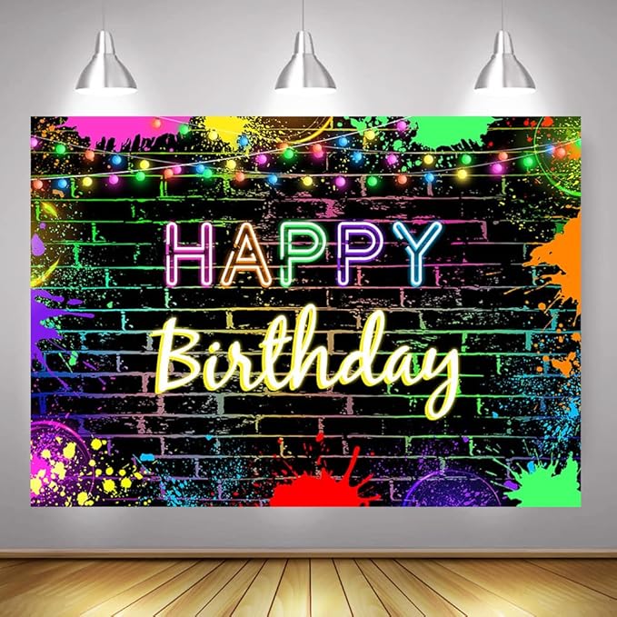 Mocsicka Glow Birthday Backdrop Neon Glow in The Dark Party Decoration Glow Crazy Rainbow Birthday Photo Backdround Photo Prop (Glow deign but Not Real Glow) (10x8ft(120x96 inch))