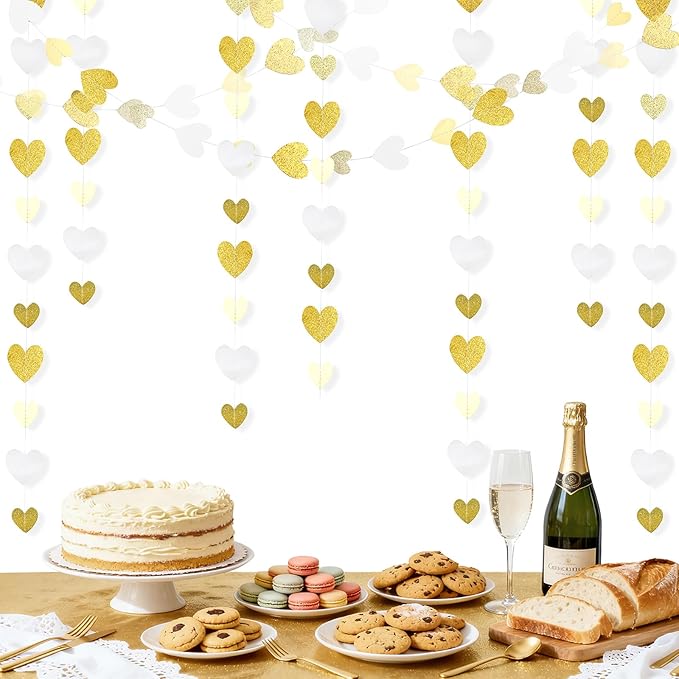 Gold-White Heart-Garland Streamers Engagement-Birthday Party-Decorations - 52Ft Glitter Champagne Hanging Banner Decor Wedding Congratulations Bachelorette Bridal Baby Shower Garsellen