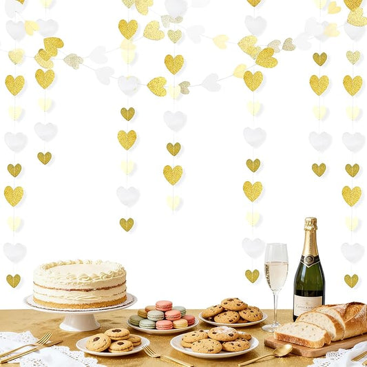 Gold-White Heart-Garland Streamers Engagement-Birthday Party-Decorations - 52Ft Glitter Champagne Hanging Banner Decor Wedding Congratulations Bachelorette Bridal Baby Shower Garsellen