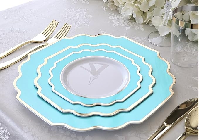 OCCASIONS 720 Pcs set (120 guest) Wedding Disposable Plastic Plate and Silverware Combo 10.5" + 8" + Silverware (Double Fork) (Imperial in White/Aqua & Gold Rim, Gold Silverware)