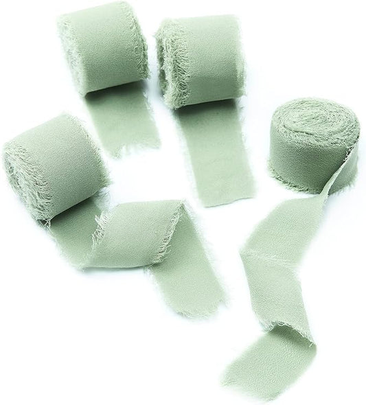 4 Rolls Sage Green Handmade Fringe Chiffon Silk Ribbon 1" W x 5Yd Per Roll,Frayed Edges Ribbon Set for Gifts Wrapping,Wedding Invitations,Bouquets,DIY Crafts (1" x20Yd, Sage Green)