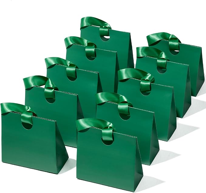 Vitalizart Paper Gift Bags With Ribbon Handles Set of 10 Green Bulk Reusable For Gift Wrap Girls Kids Birthday Bridal Shower Party Favors Goodie Bags Candy Toys Christmas 7.87"x3.54"x7.09" Small Size