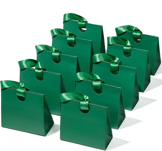 Vitalizart Paper Gift Bags With Ribbon Handles Set of 10 Green Bulk Reusable For Gift Wrap Girls Kids Birthday Bridal Shower Party Favors Goodie Bags Candy Toys Christmas 7.87"x3.54"x7.09" Small Size