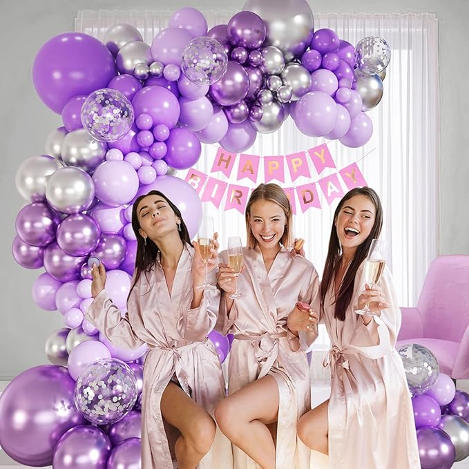 147pcs Purple and Silver Balloon Arch Kit, 18 12 10 5inch Light Purple Metallic Silver Balloons for Butterfly Birthday Lavender Wedding Baby Shower Party Decoration