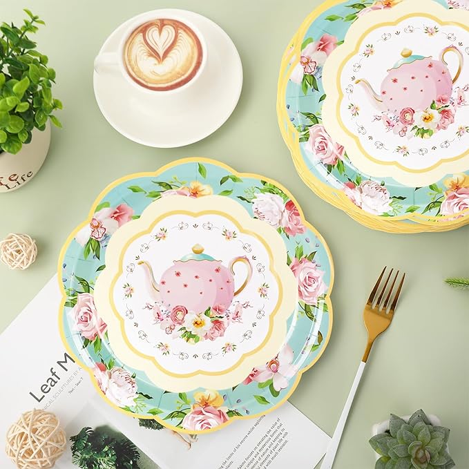 Whaline Spring Vintage Floral Paper Plates 9 Inch Tea Party Teapot Flower Disposable Salad Dessert Plates for Summer Birthday Wedding Baby Bride Shower Tableware Supplies 40Pcs