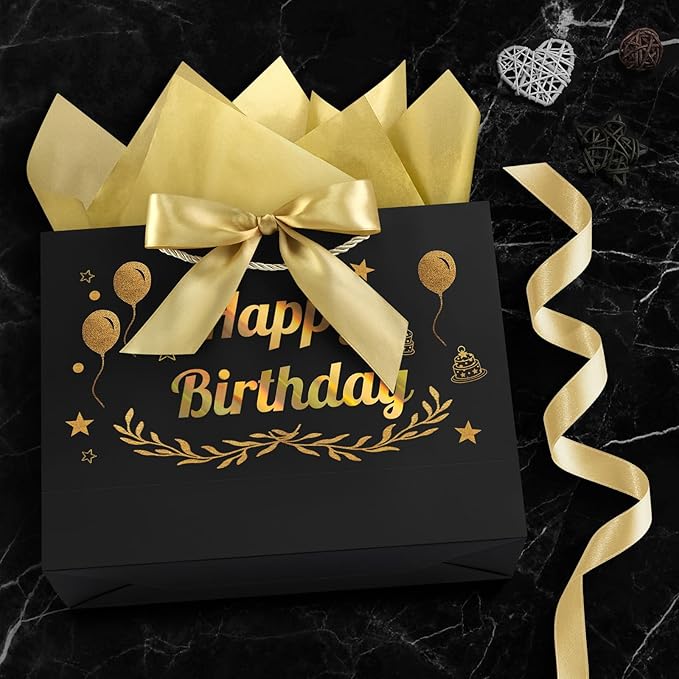 JMANNI Black Gold Happy Birthday Gift Bag with Card and Tissue Paper, 12.6"×9.84"×3.9" Elegant Present Bag for Men Women, Year Old Birthday Keepsake Party Supplies