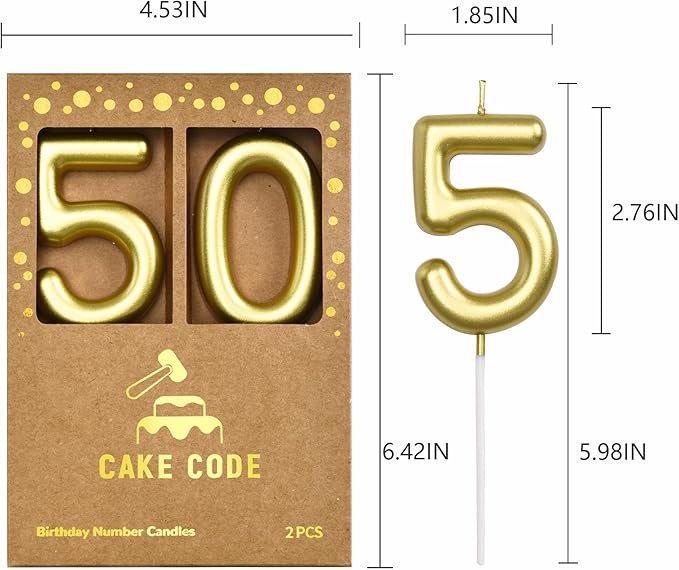 2.76 Inch Classical Gold 50 Number Birthday Candles, Gold Number Candles, Cake Number Candles, Party Celebration