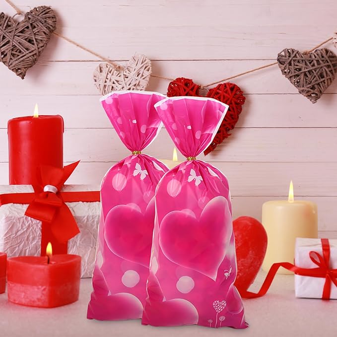 iNINGER 50pcs Happy Valentine's Cellophane Treat Bags for Party Favors,Small Sweet bags for Candy,Sweets Gift Bags for Party Decorations,Romantic Valentine's Day Theme Candy Bags Party Supplies