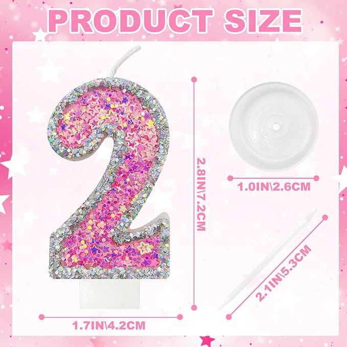 Number 2 Birthday Candle for Cake – Silver Glitter Edge with Pink Star Confetti – Decorative Number Cake Topper for Anniversary & Celebration Party Decor