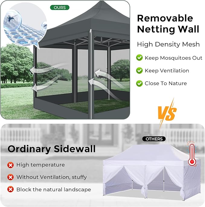COBIZI 10x10 Heavy Duty Pop Up Canopy Tent with 4 Sidewalls, Easy Set Up Outdoor Waterproof Screen Commercial Party Tent with Mosquito Netting for Parties Backyard Patio, Carry Bag, Gray