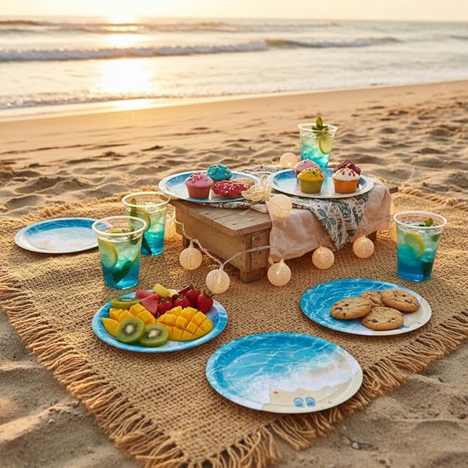 umoni Ocean Waves Plates Summer Beach Birthday Supplies 48 Piece Pool Party Disposable Paper Plates Blue Beach Waves Table Decor for Hawaiian Seaside Holiday Birthday Party Decorations