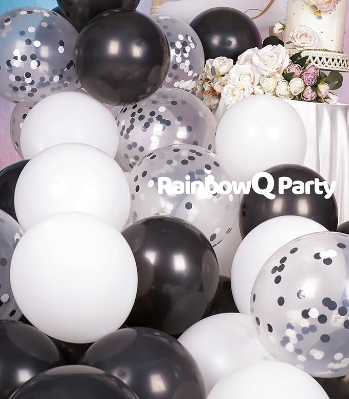 Metallic Shiny Black and White Balloons 12 Inch 67PCS White Black Confetti Balloons Latex Helium Balloon Set for Graduation Anniversary Birthday Party Decorations