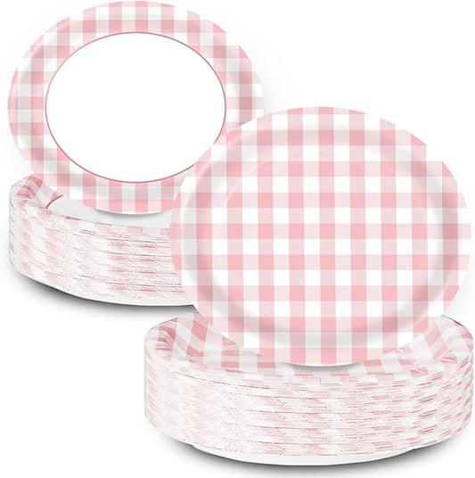 Pink Gingham Oval Paper Plates 10’’x 12’’, Large Disposable Heavy Duty Pink and White Gingham Plaid Paper Plates for Birthday Wedding Baby Shower Tea Party Supplies, 50 Guest