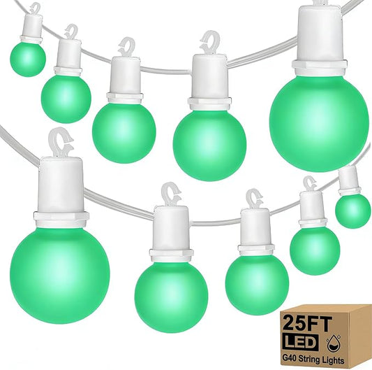 G40 LED St. Patrick's Day String Lights Outdoor, 25Ft St Patricks Decorations Lights Outdoor with Ceramic Green Round Bulbs, Hanging Patio Lights Shatterproof for Indoor Home Decor Party, White Wire