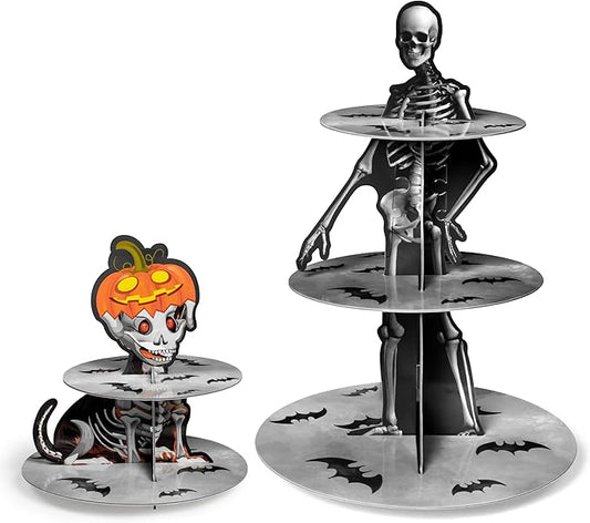 Haooryx Dachshund Dog Skeleton Cupcake Stand - 3 Tier Halloween Pumpkin Dog Bone Cupcake Tower Cardboard Gothic Dessert Holder Pastry Platter for Halloween Party Table Decoration Birthday Party Supply