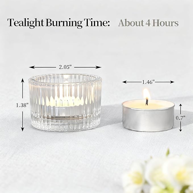 Round Clear Votive Candle Holders Set of 12, Purple Wedding Centerpiece Table Decorations, Mercury Glass Tealight Candle Holder for Bridal Shower, Baby Shower & Home Decor (Clear)
