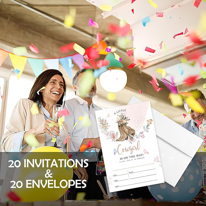AEHIE 20 Sets Baby Shower Shaped Fill-In Invitations With Envelopes, A Little Is On The Way Party Invitations Invite Cards for Baby Girls West, Western Newborn Invites