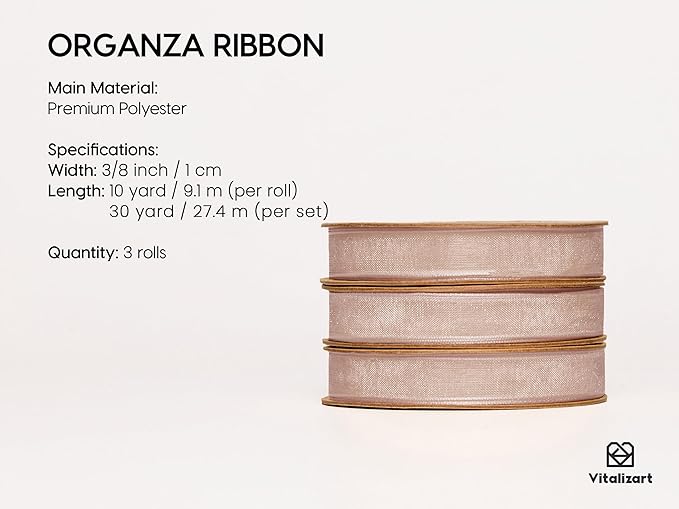 Vitalizart 3/8" x 30Yd Organza Ribbon Pink Sheer Ribbons Set 10 Yd x 3 Rolls Handmade Eco-Friendly for Gift Wrapping Christmas Tree Crafts Bows Wedding Invitations Wreaths Wrap