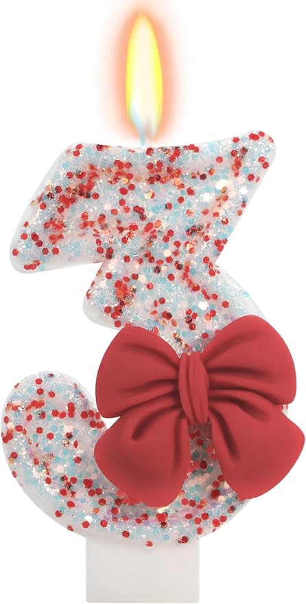 Birthday Candle for Cake, Red Bow Number Candles, 2.76 inch Cake Topper Decoration for Birthday Party (Number 3)