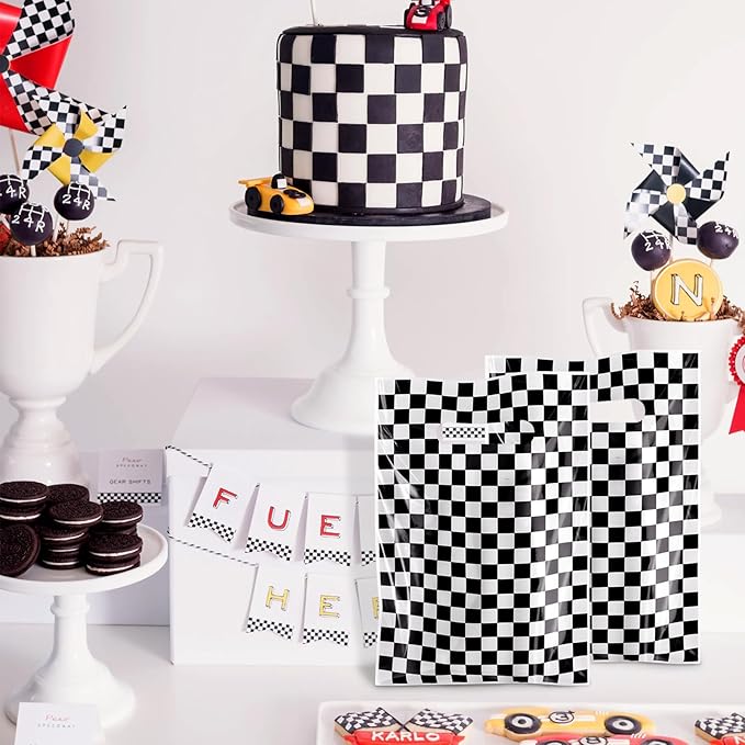 Hxezoc 50 Pieces Race Car Party Bags Plastic Checkered Bags Practical Gift Bags Car Party Favors for Race Car Theme Birthday Party Decoration Supplies
