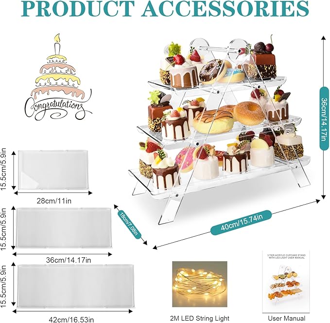 3 Tier Serving Tray, Cupcake Stand Party Serving Decorative Tray Decor with 2m Light String, Reusable Collapsible Tiered Serving Tray for Birthday Tea Wedding Party Baby Shower Christmas (Acrylic)