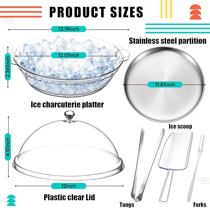 Baderke 11.8" Chilled Serving Tray for Parties with Compartments and lid Ice Chilled Party Platter Charcuterie Serving Board Cold Dish Dip for Fruit Seafood Vegetable Shrimp Cocktail(Silver,1 Pcs)