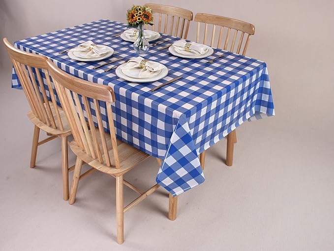 Kesfey 12 Packs Bule and White Checkered Tablecloths Party Picnic Disposable Table Covers 54 × 108 Inches Splashproof Plastic Checkered Gingham Tablecover for Outdoor Dinners Party Retro Celebrations
