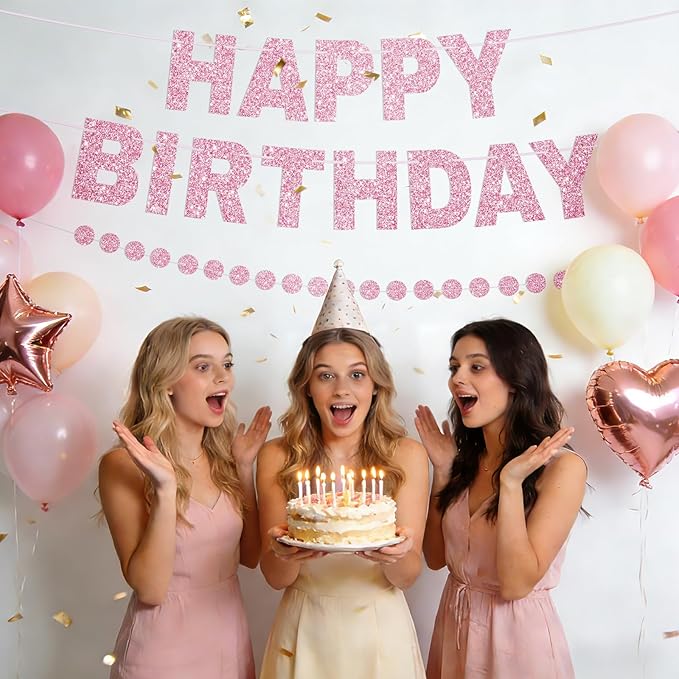 Happy Birthday Banner Pre-Strung Birthday Party Decorations NO DIY Glitter Happy Birthday Sign Circle Dots Garland Birthday Hanging Decorations for Women Men Birthday Party Supplies (Pink)