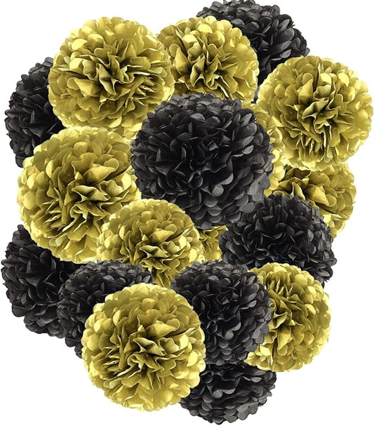 Capesaro Gold and Black Paper Pom Poms - 10",12" Tissue Decorations for Party Hanging Decor - 12 Piece Set