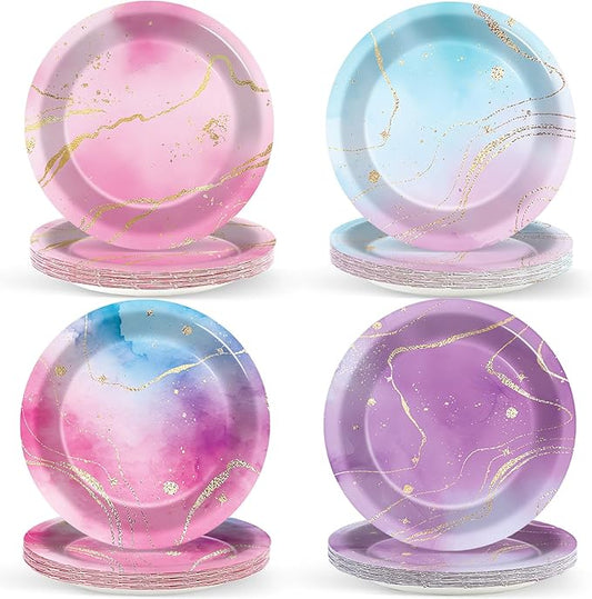 Lonfliness 48PCS Tie Dye Paper Plates 7inch Pink and Purple for Birthday, Mermaid Unicorn Party Decorations Tableware Kit - Baby Shower Wedding Supplies