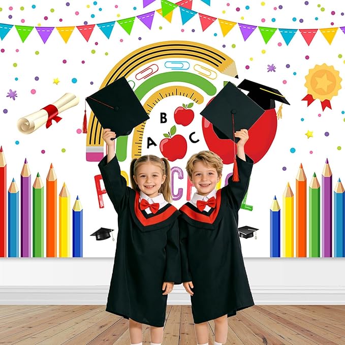 Mocsicka Preschool Graduate Backdrop Pre Kindergarten Congrats Grad Party Supplies Decoration Class of 2026 Graduation Ceremony Background Photo Prop (White, 10x8ft(120"x96"))