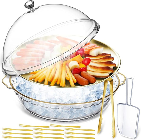 Baderke 11.8" Chilled Serving Tray for Parties with Compartments and lid Ice Chilled Party Platter Charcuterie Serving Board Cold Dish Dip for Fruit Seafood Vegetable Shrimp Cocktail(Gold,1 Pcs)