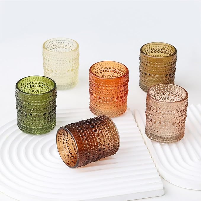 WDHODEC Glass Tealight Candle Holders Set of 12 - Brown Green Vintage Hobnail Votive Holders for Fall, Winter Wedding, Christmas Table Centerpiece Decor