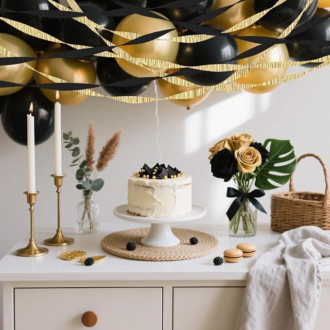 4 Crepe Paper Streamers Rolls, 328ft Pack of Black and Gold Crepe Paper for Birthday, Graduation, New Years, Wedding, Engagement Party Decorations (1.8 inch x 82 ft/Roll)