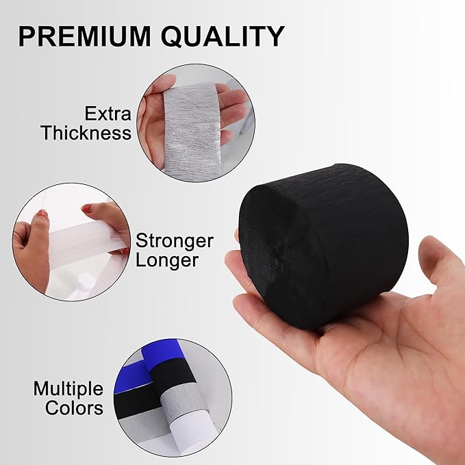 BEISHIDA 8 Rolls Blue Black Silver White Streamers Crepe Paper Streamers for Graduation Party Decorations Men Birthday DIY Craft Paper(1.8 Inch x 82 Ft/Roll)