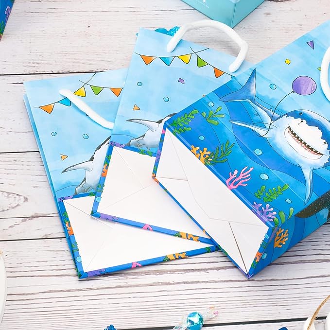 WERNNSAI 16Pcs Shark Party Favor Bags - Blue Shark Birthday Party Gift Bags for Kids Boys Under The Sea Birthday Decorations Shark Goodie Bags with Handle for Baby Shower Ocean Sea Party Supplies