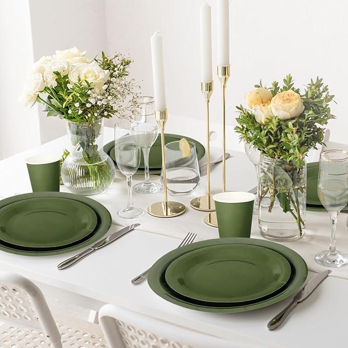 Whaline 100Pcs Olive Green Tableware Set Wedding Disposable Dinnerware Set 50Pcs Paper Plates 25Pcs Napkin 25Pcs Cups for Birthday Bride Shower Party Supplies Table Decorations