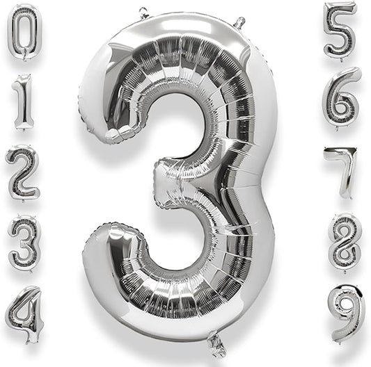 AULE 40 Inch Big Silver 3 Balloon Number Large Foil Helium Number Balloons 0-9 Jumbo Giant Happy 3rd Birthday Party Decorations for Boy or Girl Huge Mylar Anniversary Party Supplies