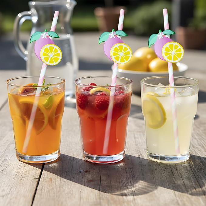 Lemonade Stand Paper Straws - 100PCS Fresh Lemonade Party Decorations Supplies, Lemon Bar Cocktail Striped Straw for Drinks, Birthday Decor for Summer Disposable (Pink)