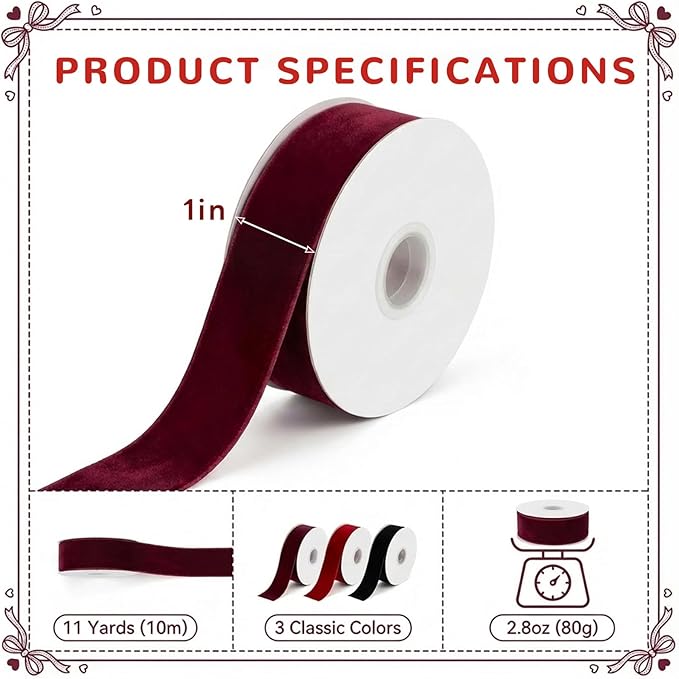 3 Pcs Rolls Velvet Ribbon Set, 33 Yards Red Burgundy Black. Valentine's Day Ribbon for Gift Wrapping, Wedding Decor, Crafts Bows and Holiday Decorations