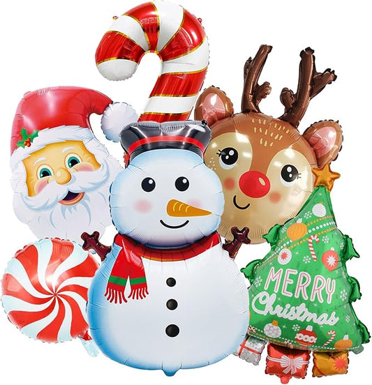 Christmas Foil Balloons Snowman Reindeer Santa Candy Cane Christmas Tree Balloons for Xmas Themed Party Decoration Supplies Winter Birthday Decoration Decor Ballons Arch Kits Party Balloon Set 6pcs