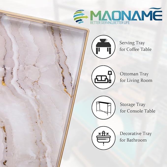 MAONAME Plastic Decorative Tray, Marbling Tray with Handles, Rectangular Coffee Table Trays, Serving Trays for Ottoman, Bathroom, Kitchen, 15.7” x 11.8”, White