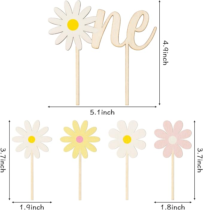 Daisy ONE Cake Topper - 5 Pcs Wood Painted Colorful Boho Groovy Daisy Flower Dessert Cupcake Topper Food Safe Cake Picks Cheers Decorations Featuring Baby Shower Kids Birthday Party Supplies