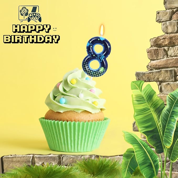 STG Birthday Candles for Boys - Number 8 Candle for Video Game Birthday Cake Topper, Fort Battle Level Up Sandbox Games Themed Birthday Party Supplies
