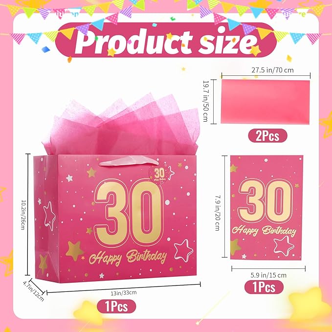 Powbrace 13" Pink 30th Birthday Gift Bag with Tissue Paper and Greeting Card for Party,Happy Birthday Gift Bag for Men Women,Gift Bags Medium size(1 Pink 30th)