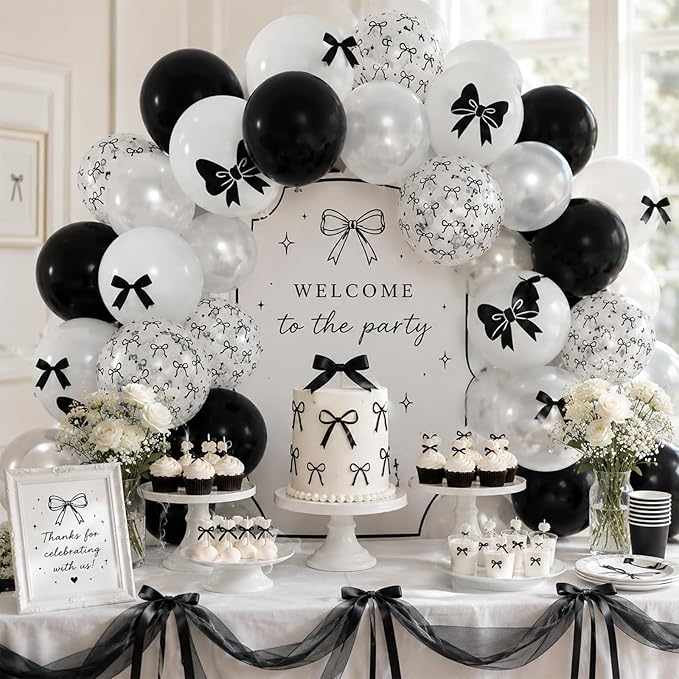 Bow Balloons, 60Pcs Black Bows Balloon, 12 Inch Latex Black and White Bow Printed Balloons with Cute Bows Ribbons for Women Girls Birthday Party Baby Shower Bridal Shower Bow Theme Party Decorations