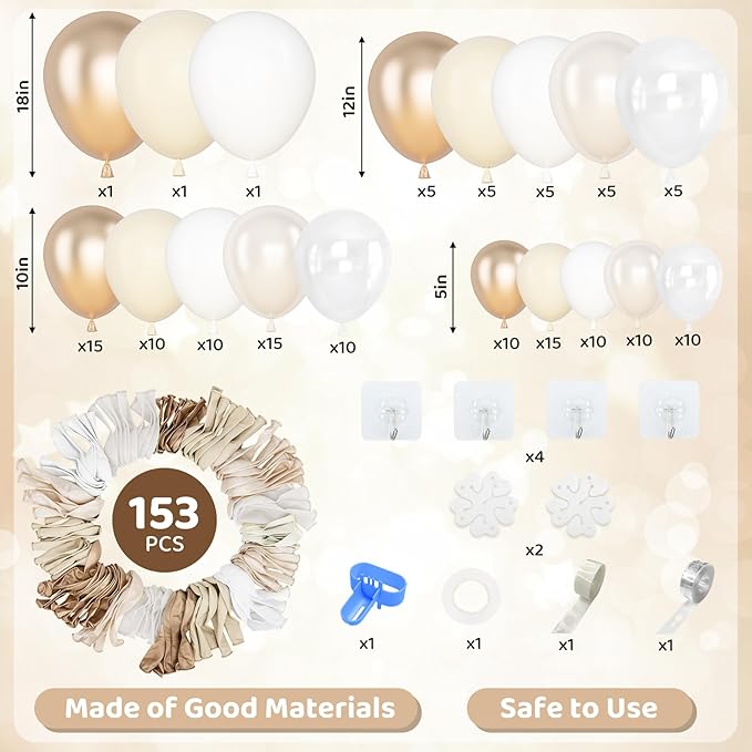 Amandir 153 Pcs White Sand Metallic Champagne Gold Balloons Arch Garland Kit Different Sizes 18 12 10 5 Inch Pearl White Clear Beige Neutral Balloons Baptism Birthday Bridal Shower Wedding Decorations