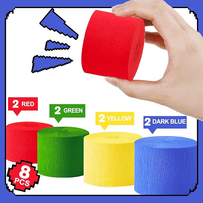 Super Brothers Birthday Party Decoration, 8 Rolls Red Green Blue Yellow Crepe Paper Streamers, for Boys Girls Game Theme Adventures Party Supplies