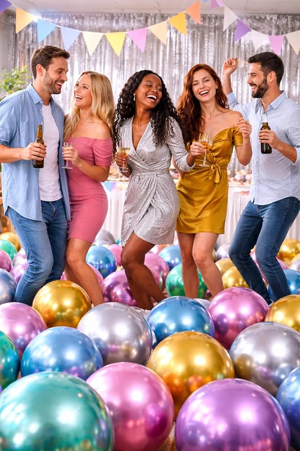Chrome Metallic Balloons 12 Inch – 100 Pack Assorted Multicolor Latex Balloons for Balloon Arch, Birthday Party, Baby Shower, Wedding Decorations with Ribbon & Glue Dots