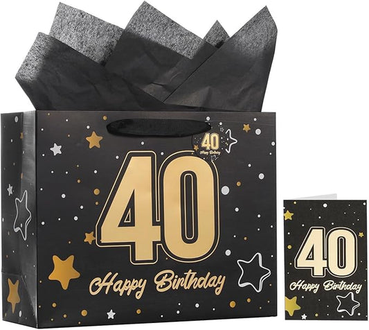 Powbrace 13" Black 40th Birthday Gift Bag with Tissue Paper and Greeting Card for Party,Happy Birthday Gift Bag for Men Women,Gift Bags Medium size(1 Black 40th)